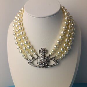 Vivienne Westwood Three Row Pearl Bas Relief Choker in Silver